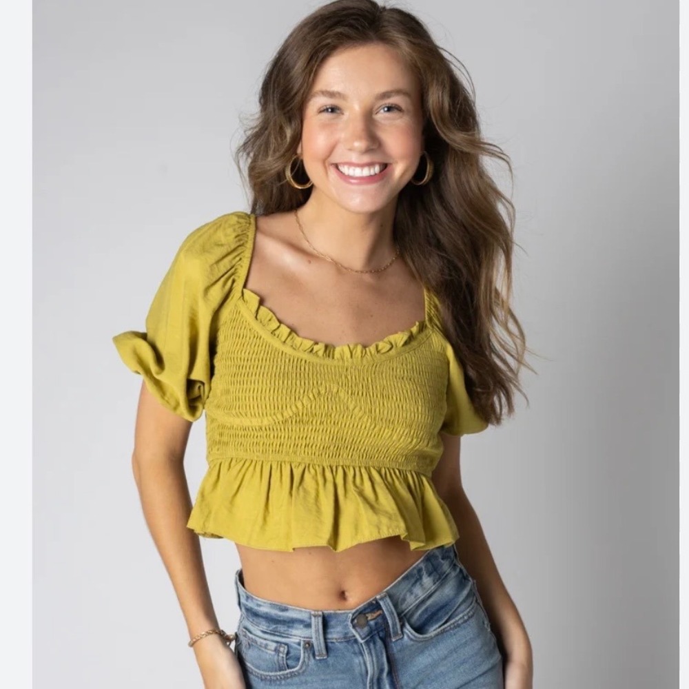 Vestique Olive Green Milkmaid Puff Sleeve Peplum Top Small